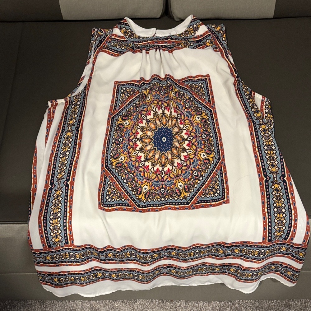 DR2 White Sleeveless Top with Multicolor Boho Print